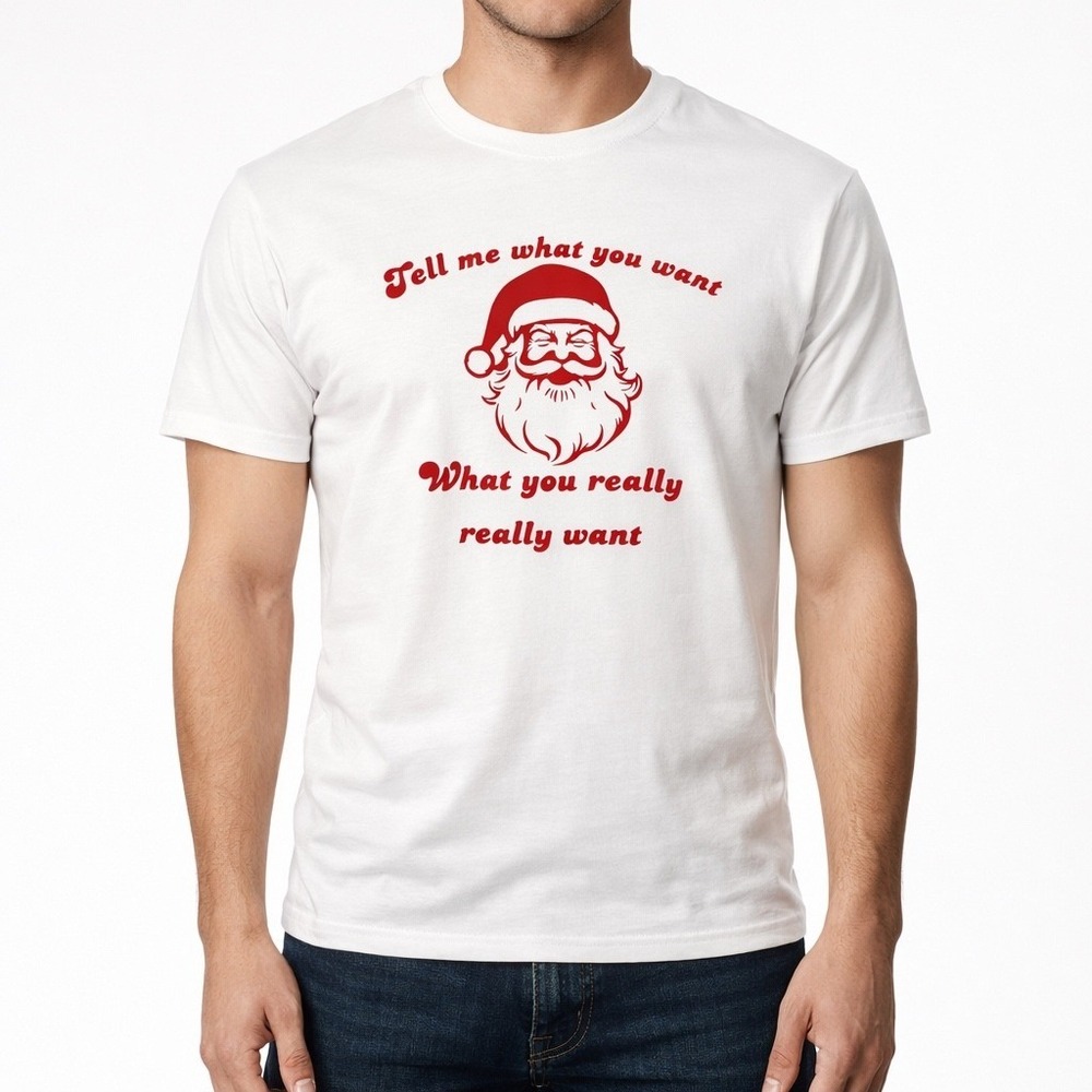 Gildan Santa Tell Me What You Want Christmas Graphic White T‎ Shirt Size S - Picture 2 of 6